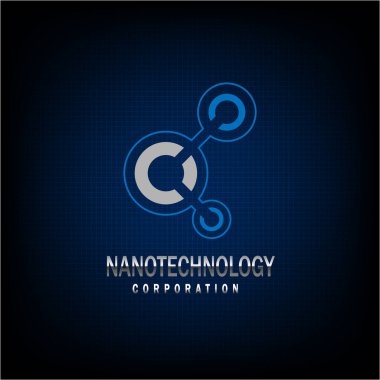 Mavi arkaplanda nanoteknoloji logosu.