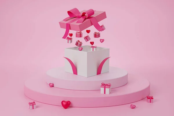 Geschenk Box Offenes Herz Schwebend Rosa Hintergrund Liebe Valentine Konzept — Stockfoto
