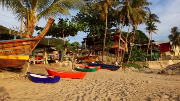 Thajské tradiční longtail čluny a malé rybářské lodě na pláži — Stock video