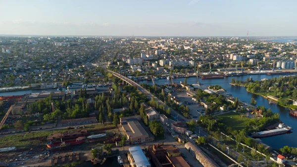 Vista Aérea Cidade Kherson Estaleiro Nas Margens Rio Dnieper Qual — Fotografia de Stock