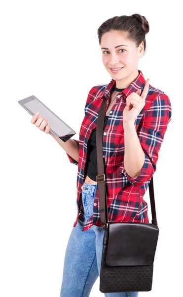 Meisje student met tablet vestigt de aandacht — Stockfoto