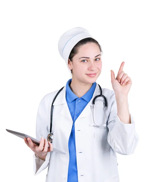 Médico mulher com tablet presta atenção — Fotografia de Stock