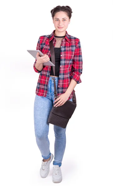 Usměvavá studentka s vakem a tablet Stock Obrázky