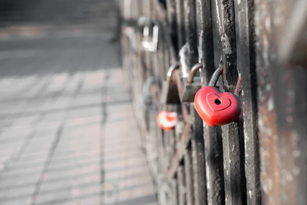 Candado de amor rojo en el puente — Foto de Stock