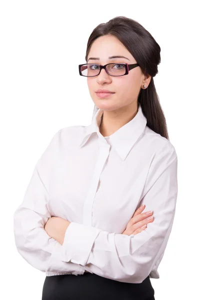 Menina de negócios em óculos com as mãos cruzadas — Fotografia de Stock