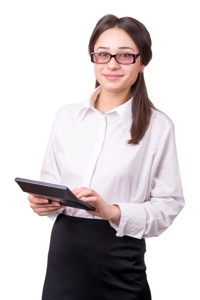 Mujer joven en gafas con una calculadora —  Fotos de Stock