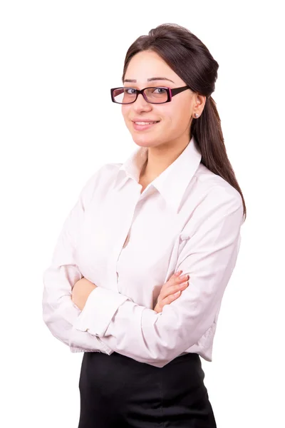 Mujer joven en gafas con las manos cruzadas —  Fotos de Stock