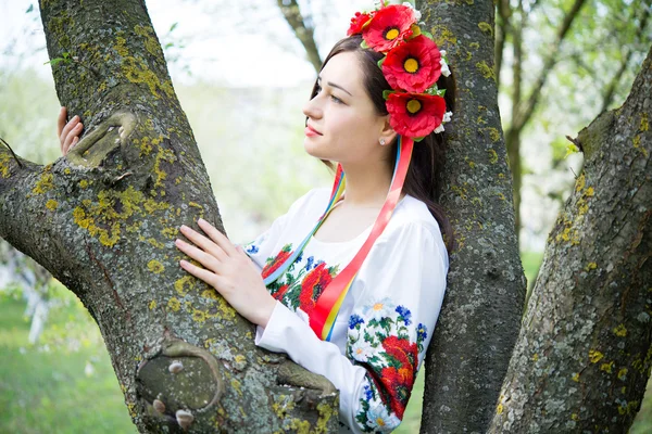 Dreamy girl in national dress embraces tree — Stock Photo, Image