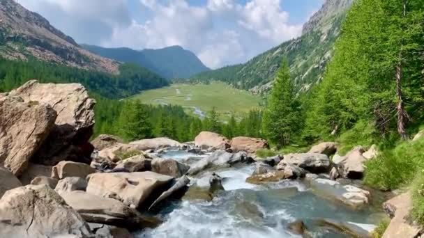 Drammatico Paesaggio Alpino Preda Rossa Con Fiume Acqua Fredda Che — Video Stock