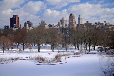 New York 'taki Central Park' taki Kaplumbağa Gölü 'nün arkasındaki donmuş Yukarı Doğu Yakası manzarası.