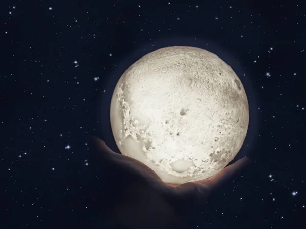 Lua Uma Mão Uma Noite Estrelada Luz Lua Romântica — Fotografia de Stock