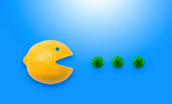 Lemon Pacman mavi arka planda virüs ya da bakteri yiyor, Pacman oyunu, sağlıklı meyve kavramı