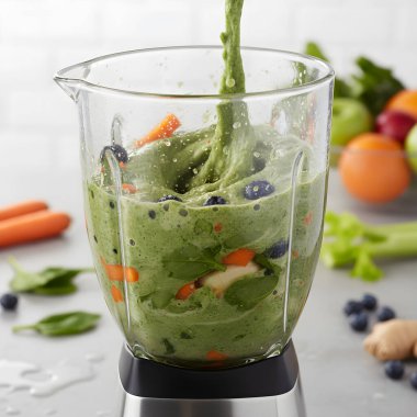 Sağlıklı yeşil smoothie bardakta blender ve çeşitli taze meyveler, lahana ve tahtadan bir masada granola kasesi.