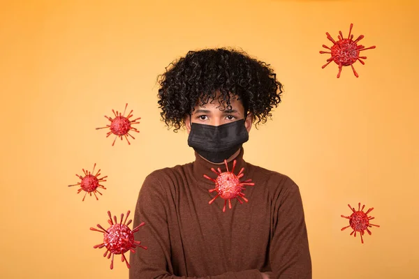 Portrait Young Afro Hair Boy Medical Mask Yellow Background Bacteria — Stock Photo, Image