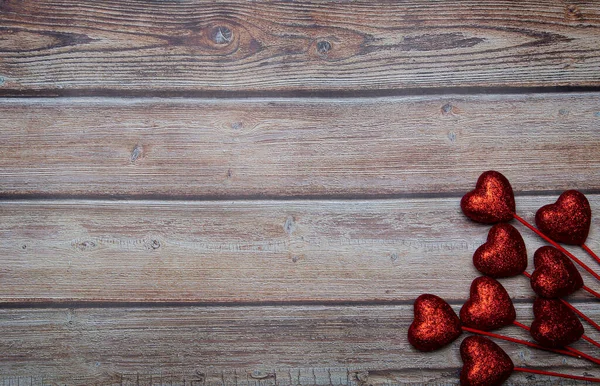 Valentine Greeting Card Red Hearts Wooden Table Top View Copy — Stock Photo, Image