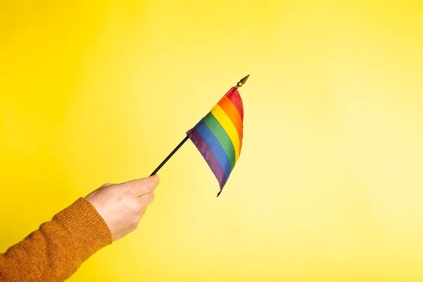 Hand waving a gay pride day flag on a yellow background