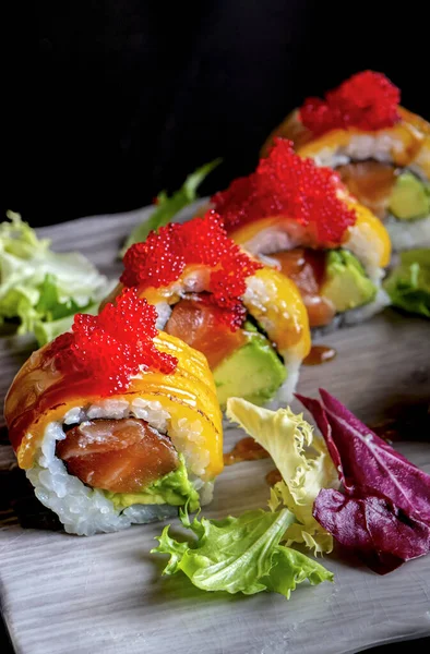 California Roll Salmon Avocado Flamed Cheese Leaf Tobiko Vertical Image — Stock Photo, Image