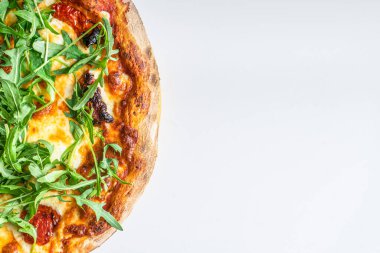 Close up of a rustic pizza with copy space for text