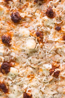 Eritilmiş peynirli, kekikli ve fırınlanmış soslu sıcak, lezzetli bir pizza.