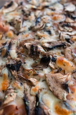 Yakından bakınca eritilmiş mozzarella peyniri ve kekik peynirli lezzetli mantarlı pizza gösteriliyor.