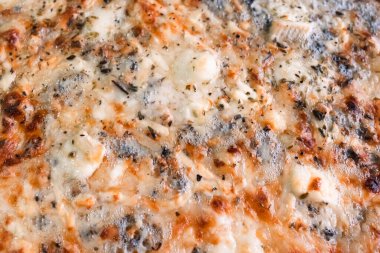 Fırında peynirli ve baharatlı otlu pizza yüzeyi.