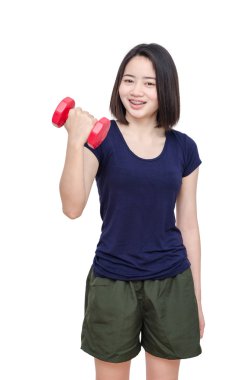 Beyaz üzerinde egzersiz arasında gülümseyen kız