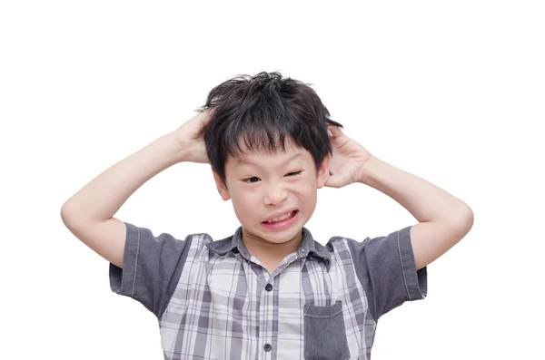 Boy scratching his scalp over white — Stock Photo, Image