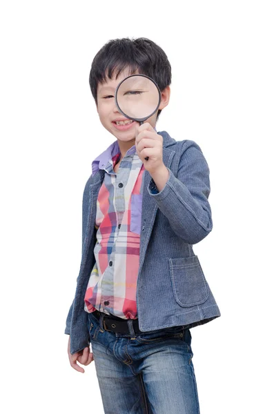 Boy with magnifying glass over white — Stock Photo, Image