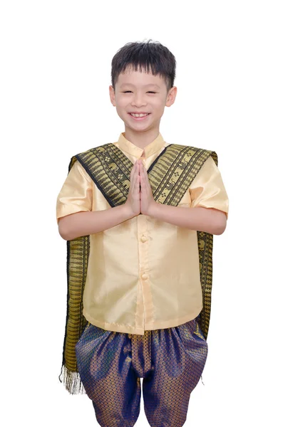 Giovane Thaiboy sorridente e fare gesto benvenuto — Foto Stock