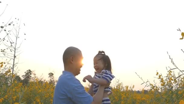 Pai joga menina filha no ar no campo de flores . — Vídeo de Stock