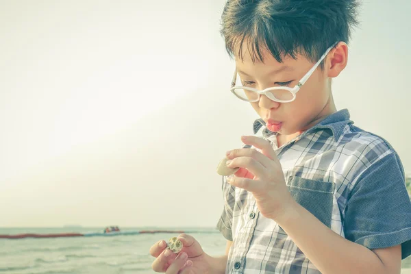 Pojken tittar på shell på stranden — Stockfoto