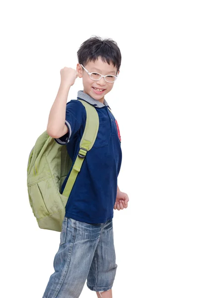 Молодой школьник с рюкзаком на белом — стоковое фото