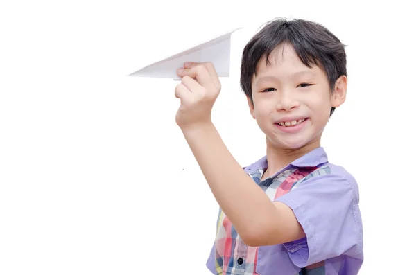 Niño jugando con avión de papel —  Fotos de Stock