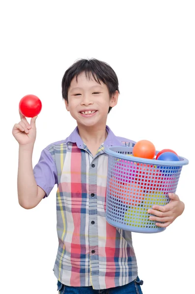 白でプラスチック製のボールを保持している少年 — ストック写真