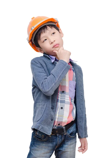 Boy wearing helmet and thinking over white — Stock Photo, Image