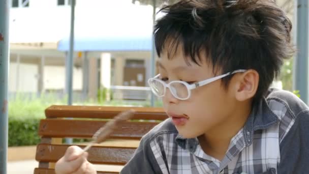 Мальчик наслаждается мороженым — стоковое видео