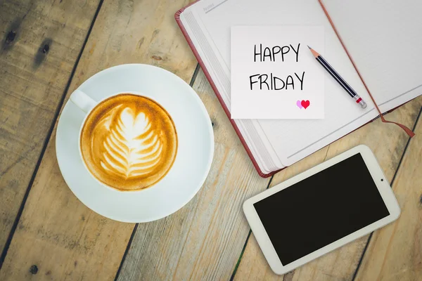 Happy Friday auf Papier mit Kaffeetasse — Stockfoto