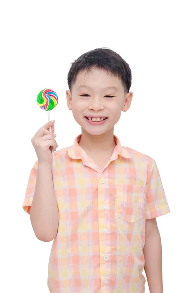 Jongen met lollipop op witte achtergrond — Stockfoto