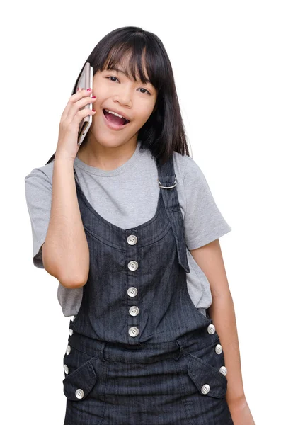 Beyaz üzerinde akıllı telefonda konuşurken kız — Stok fotoğraf