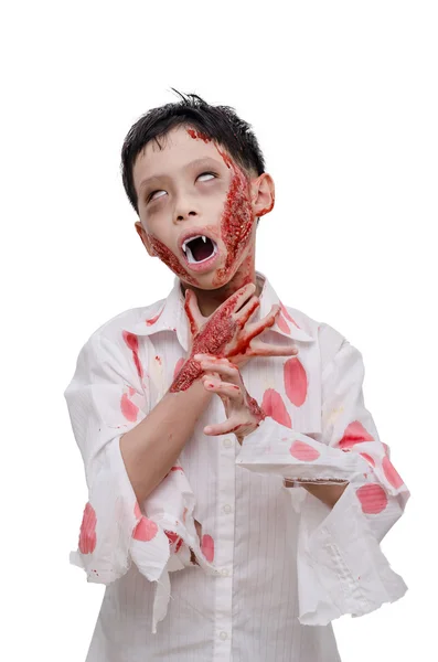 Niño en zombie maquillaje y traje sobre blanco — Foto de Stock