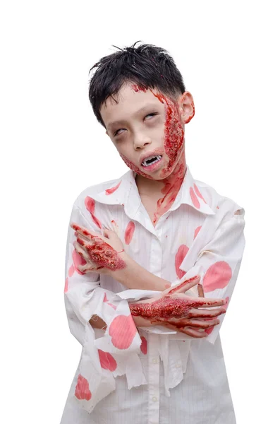 Junge in Zombie-Make-up und Kostüm über Weiß — Stockfoto