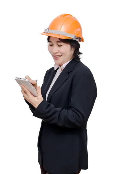 Ingenieur vrouw met helm over Wit — Stockfoto