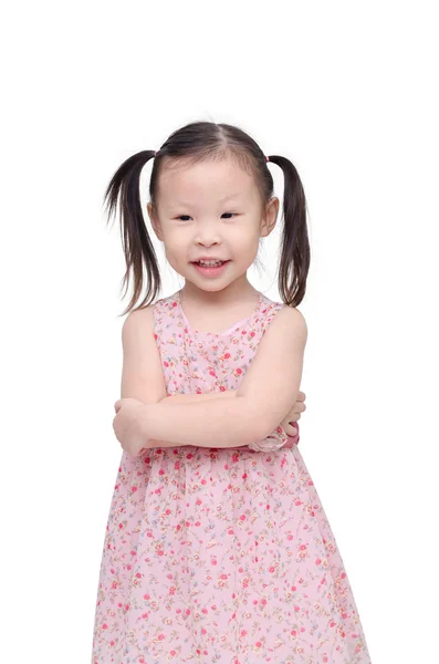 Malá holčička v krásných růžových šatech nad bílá — Stock fotografie