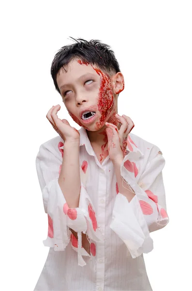 Niño en zombie maquillaje y traje sobre blanco — Foto de Stock