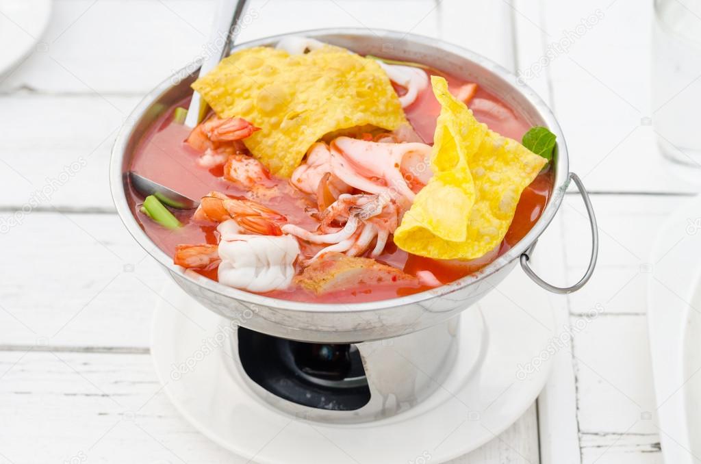 Seafood with yentafo soup serving in hot pot