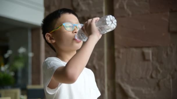 Мальчик пьет воду из бутылки — стоковое видео