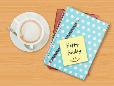 Happy Friday and smile on blank paper with coffee cup clipart