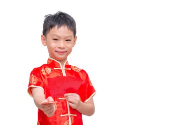 Çince geleneksel kıyafet ang tutan çocukla pow