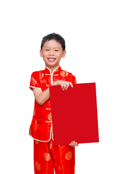 Pequeno menino asiático sorrindo e segurando placa de saudação — Fotografia de Stock