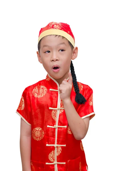 Jongen met Chinese traditionele kleding op wit — Stockfoto